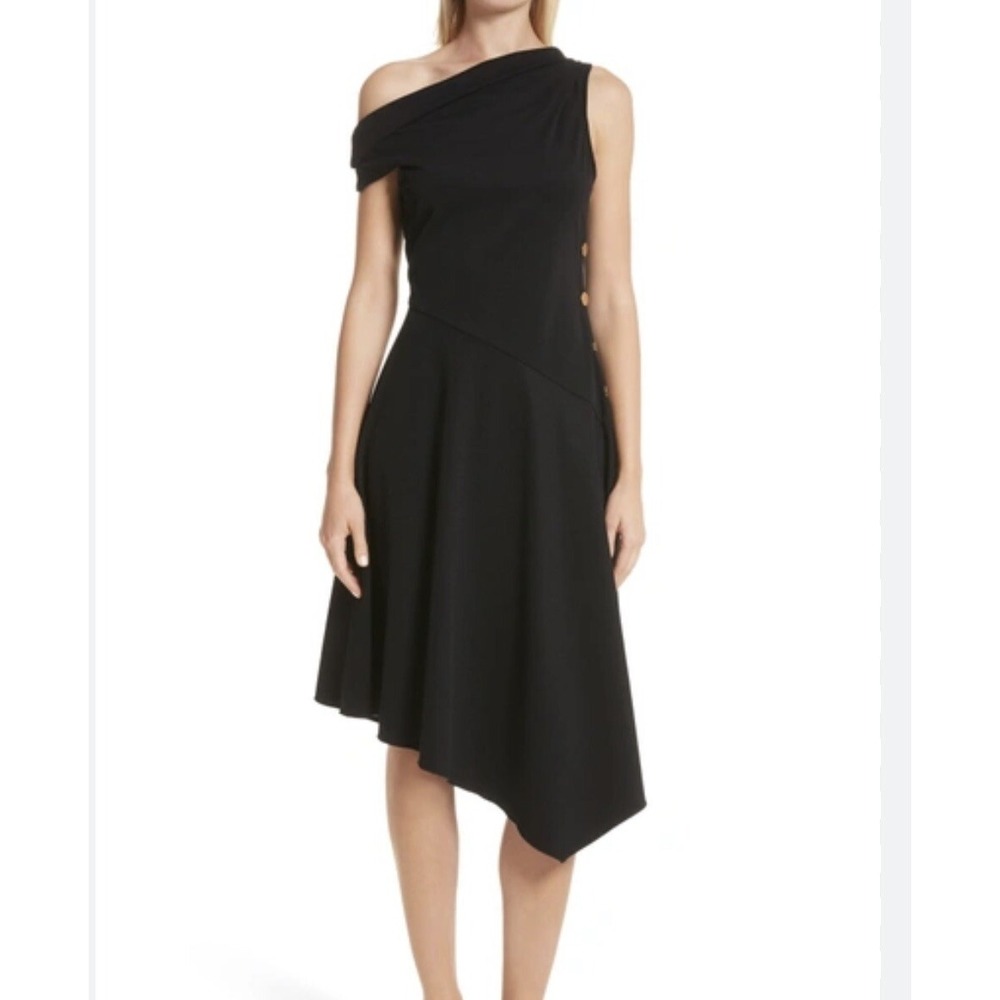 Women's Derek Lam 10 Crosby Solid Black One Shoulder Midi Dress 4 Button Side
